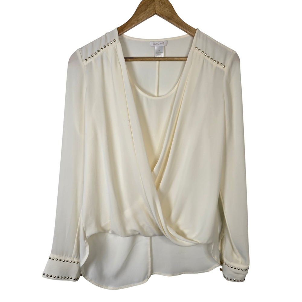 Cache Womens Ivory Faux Wrap‎ Studded Long Sleeve Sheer Blouse Top XS